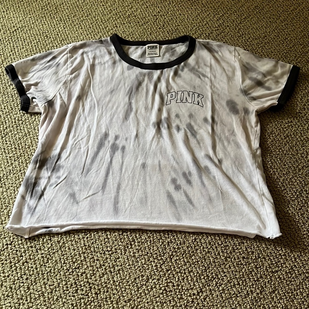 VS PINK • grey/white tie-dye crop tee (L)